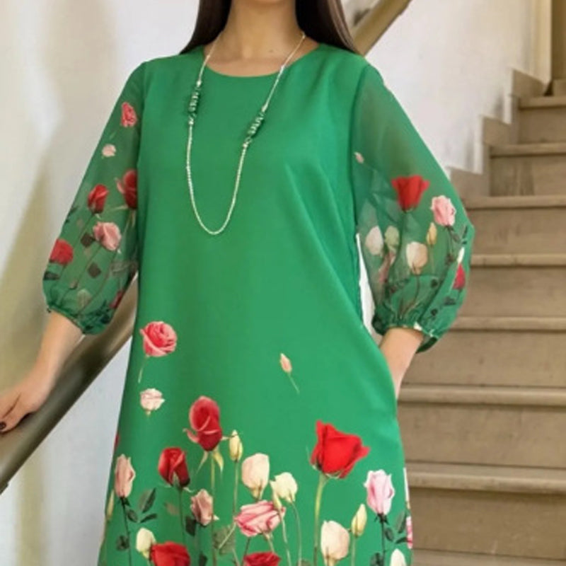 Caren | Elegantes Damenkleid mit Blumen und Rundhalsausschnitt