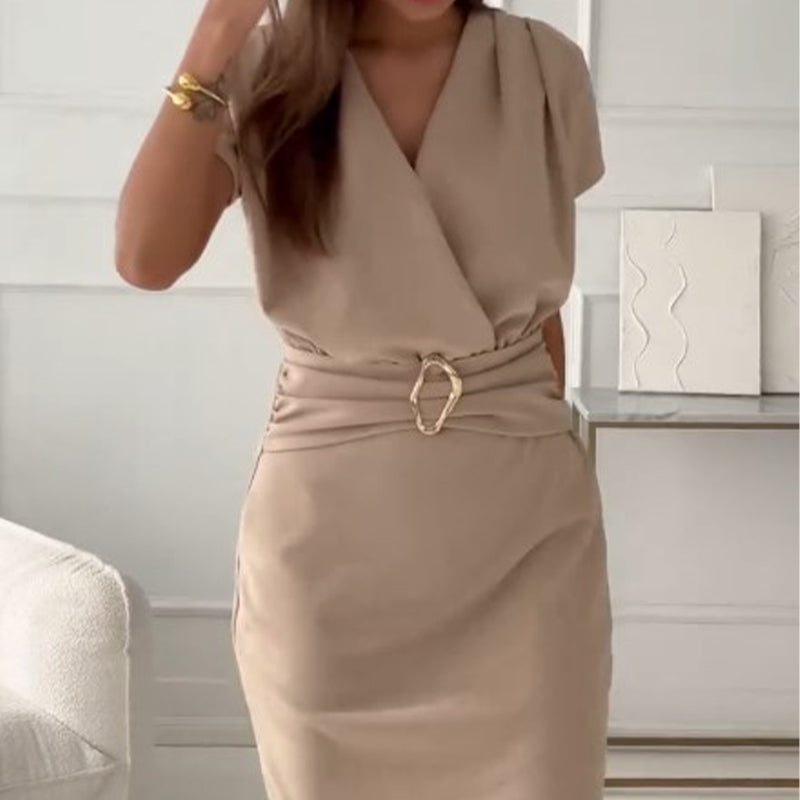Alvara | 2025 Sommer Neuheiten V-Ausschnitt Kurzarm-Kleid mit Taillenbetonung