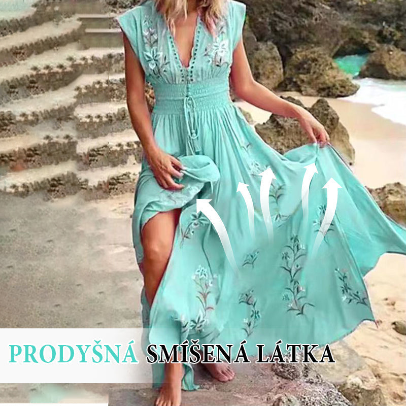 Louisa | Damen langes Sommerkleid im Boho-Stil mit Spitzausschnitt