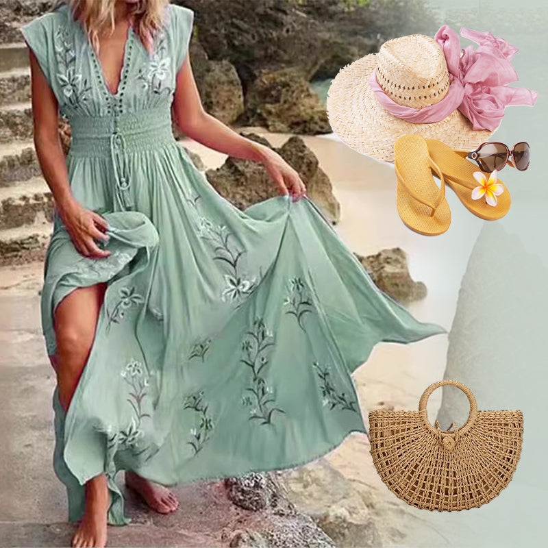 Louisa | Damen langes Sommerkleid im Boho-Stil mit Spitzausschnitt