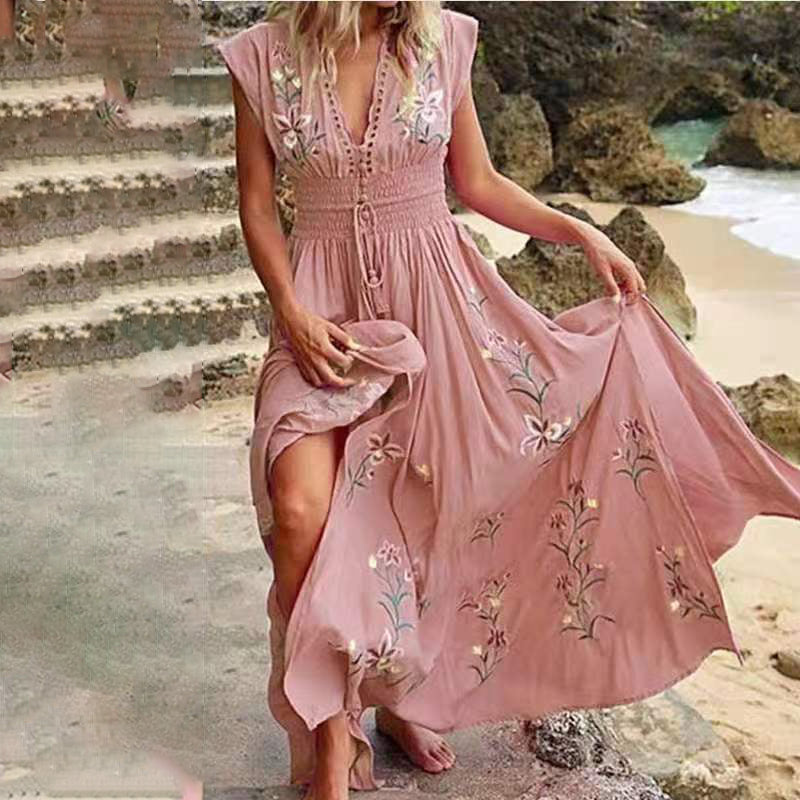 Louisa | Damen langes Sommerkleid im Boho-Stil mit Spitzausschnitt