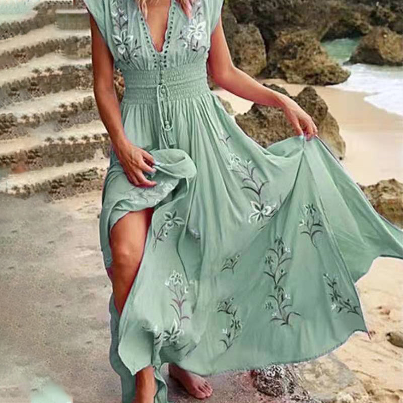 Louisa | Damen langes Sommerkleid im Boho-Stil mit Spitzausschnitt