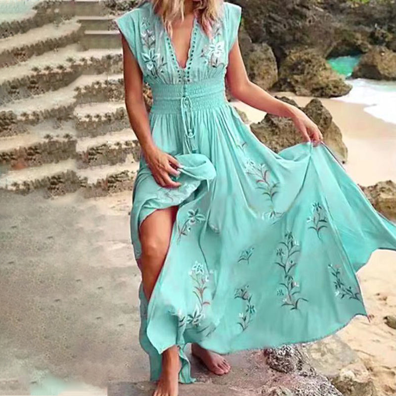 Louisa | Damen langes Sommerkleid im Boho-Stil mit Spitzausschnitt