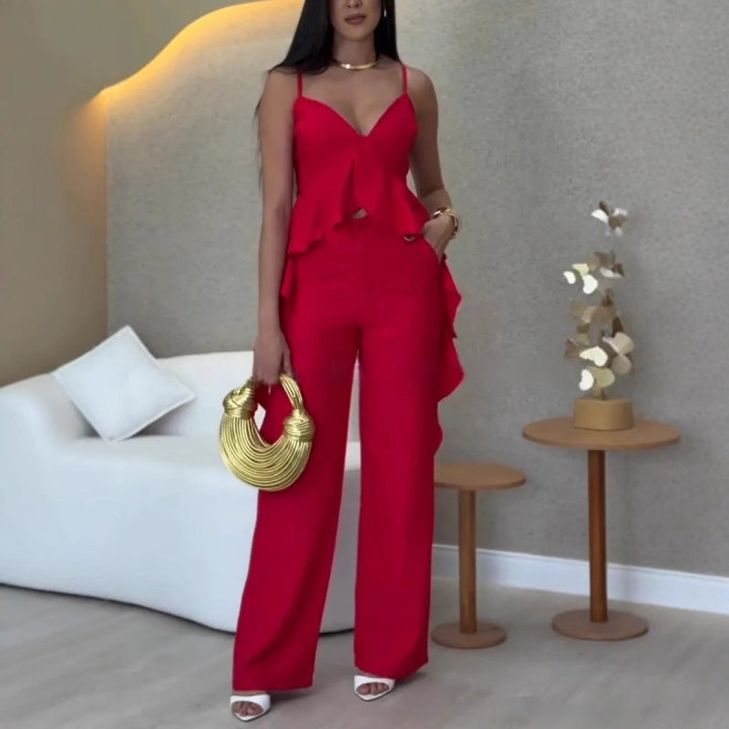 Melvie | Damen Top mit Rüscheneffekt und Spaghettiträgern sowie Weit geschnittene Hose Set