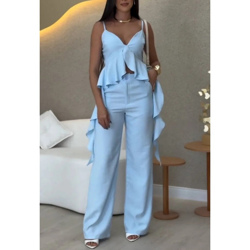Melvie | Damen Top mit Rüscheneffekt und Spaghettiträgern sowie Weit geschnittene Hose Set