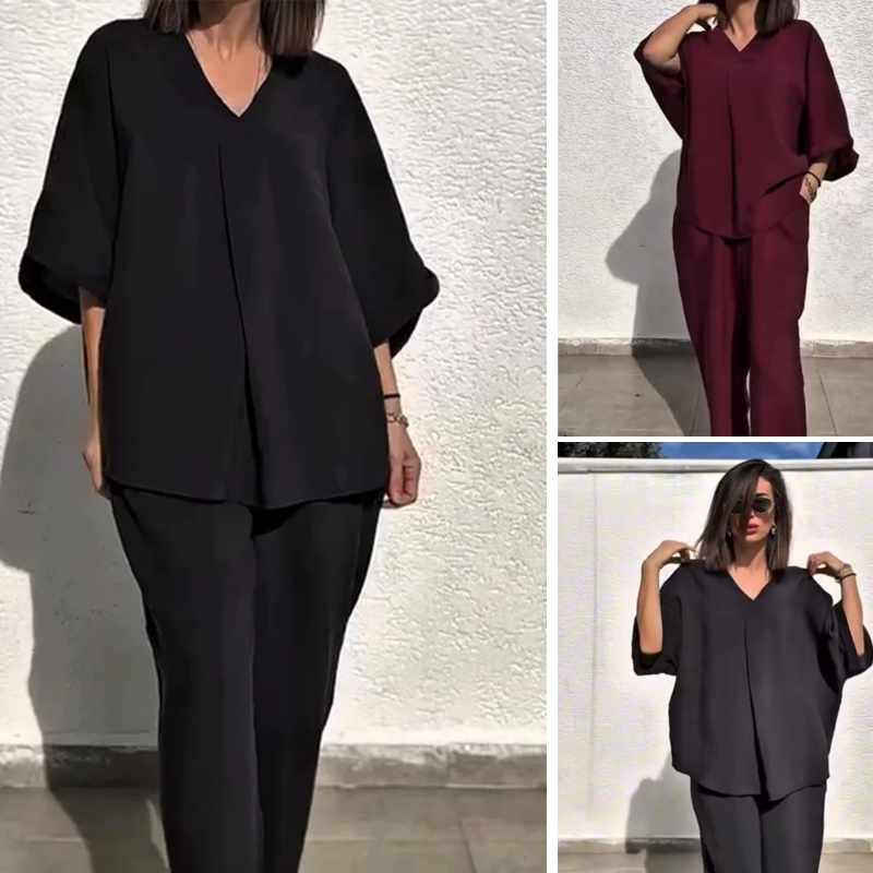 Thalia | Lässiger Loose-Fit Damenpullover mit V-Ausschnitt und Hose Zweiteiler Set