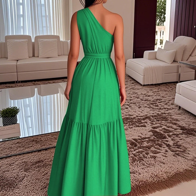 Stephanie | Stilvolle Uni-Farben Ein-Schulter-Langes Kleid mit geraffter Taille