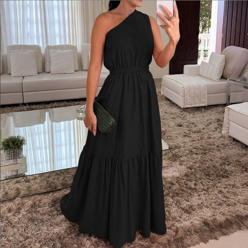 Stephanie | Stilvolle Uni-Farben Ein-Schulter-Langes Kleid mit geraffter Taille