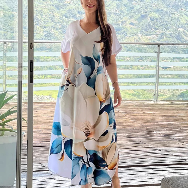 Mohamed | Lockere, lässige Damenkleider mit V-Ausschnitt und bedruckten Kurzarm