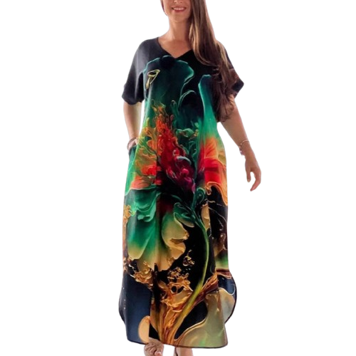 Mohamed | Lockere, lässige Damenkleider mit V-Ausschnitt und bedruckten Kurzarm