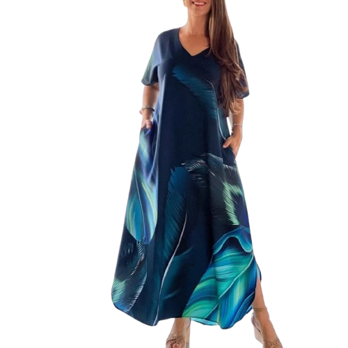 Mohamed | Lockere, lässige Damenkleider mit V-Ausschnitt und bedruckten Kurzarm