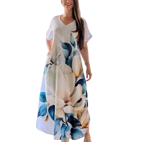 Mohamed | Lockere, lässige Damenkleider mit V-Ausschnitt und bedruckten Kurzarm