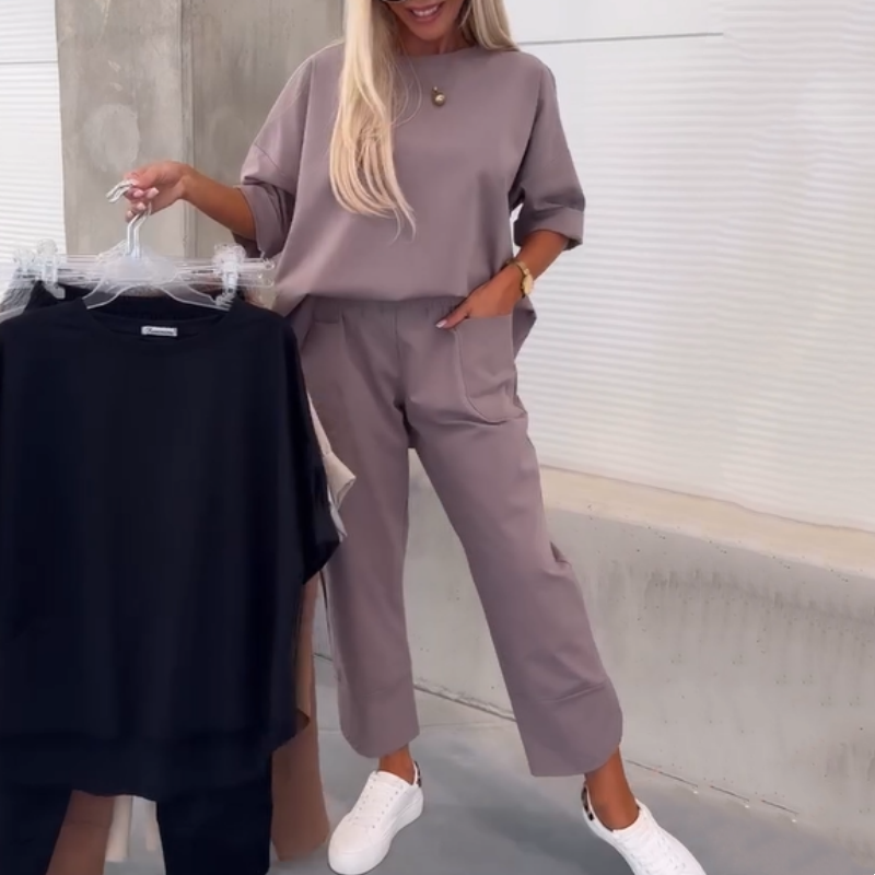 Eunice | Lässiges, einfarbiges, kurzärmliges Oberteil und Hose, zweiteiliges Set für Damen