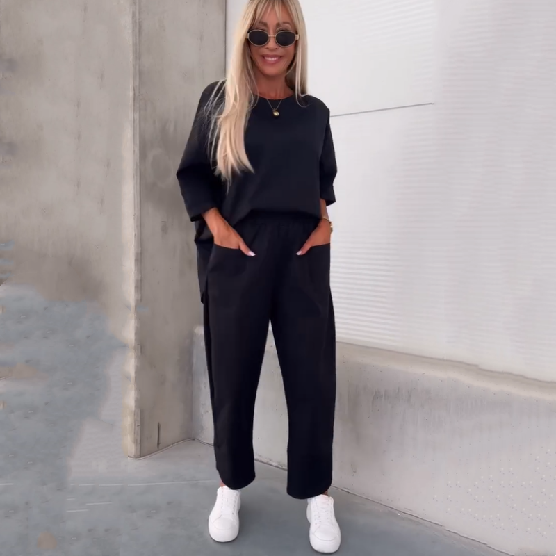 Eunice | Lässiges, einfarbiges, kurzärmliges Oberteil und Hose, zweiteiliges Set für Damen