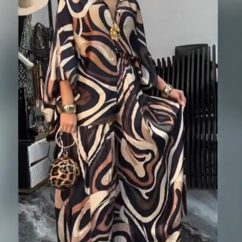 Zara | Modisches Damen-Set mit lockerem, bedrucktem Hemd und Hose mit weitem Bein, 2-teilig