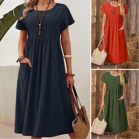 Charley | Faltenkleid für Damen mit kurzen Ärmeln und Taschen
