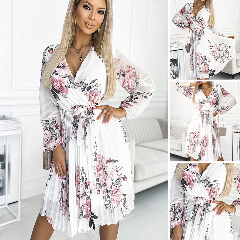 Carson | Weißes Blumenkleid mit V-Ausschnitt und Gürtel für Damen