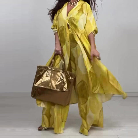 Rocco | Modisches 2-teiliges Set mit Druck: Langarm-Bluse und Weitbeinhose