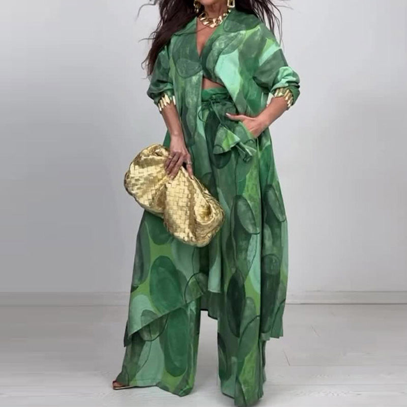 Rocco | Modisches 2-teiliges Set mit Druck: Langarm-Bluse und Weitbeinhose