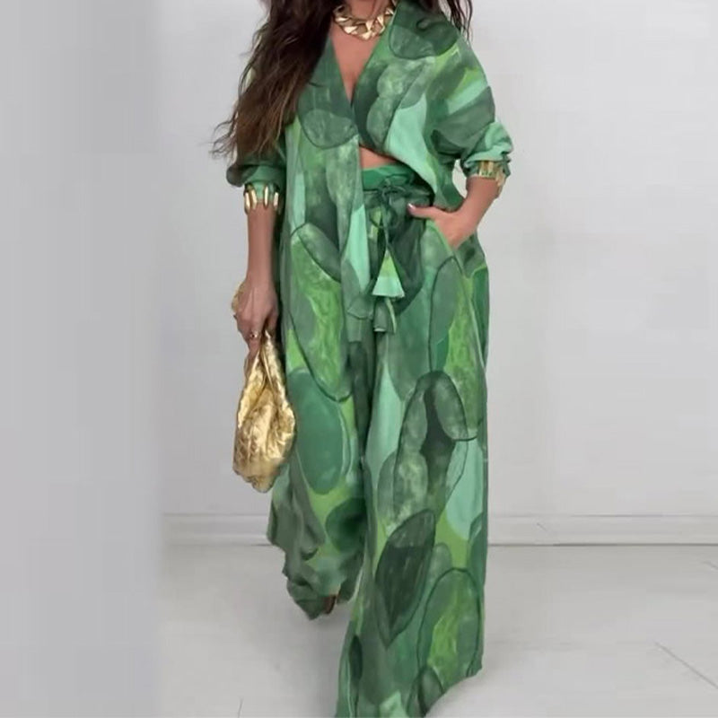 Rocco | Modisches 2-teiliges Set mit Druck: Langarm-Bluse und Weitbeinhose