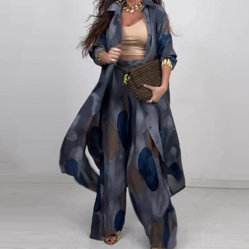 Rocco | Modisches 2-teiliges Set mit Druck: Langarm-Bluse und Weitbeinhose