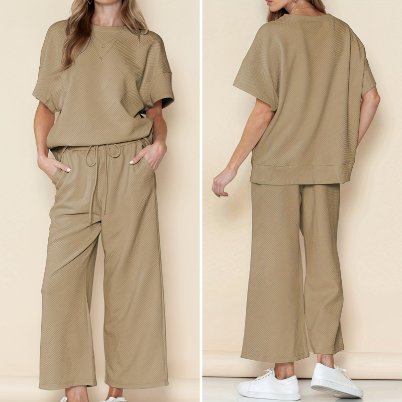 Dallas | Sommer-Schnäppchen -50% Rabatt - Lässiges, lockeres, einfarbiges, kurzärmliges Oberteil und weite Hose, zweiteiliges Set