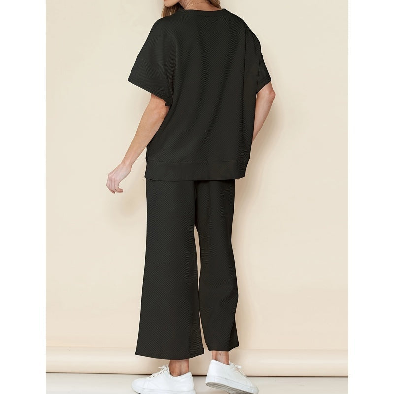 Dallas | Sommer-Schnäppchen -50% Rabatt - Lässiges, lockeres, einfarbiges, kurzärmliges Oberteil und weite Hose, zweiteiliges Set