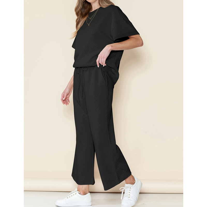 Dallas | Sommer-Schnäppchen -50% Rabatt - Lässiges, lockeres, einfarbiges, kurzärmliges Oberteil und weite Hose, zweiteiliges Set