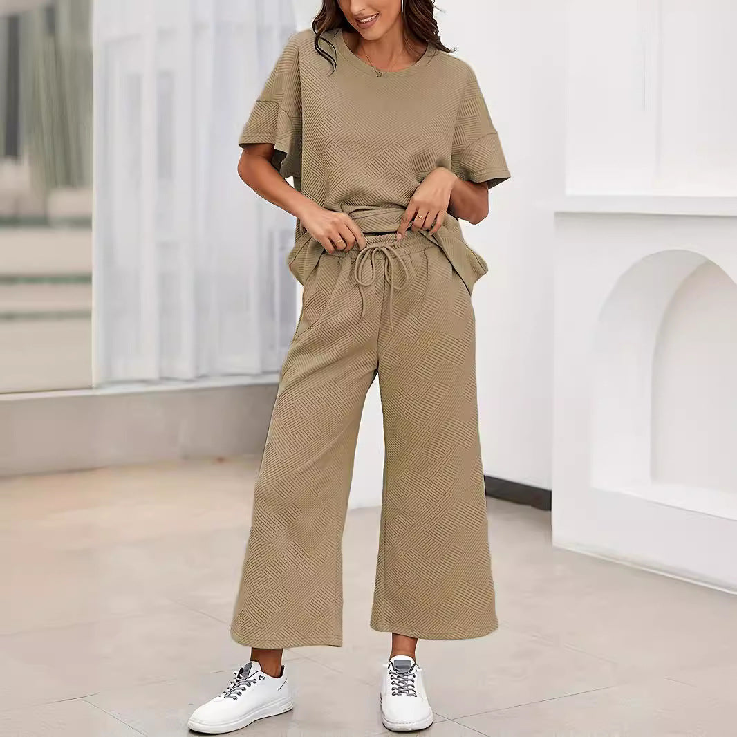 Dallas | Sommer-Schnäppchen -50% Rabatt - Lässiges, lockeres, einfarbiges, kurzärmliges Oberteil und weite Hose, zweiteiliges Set